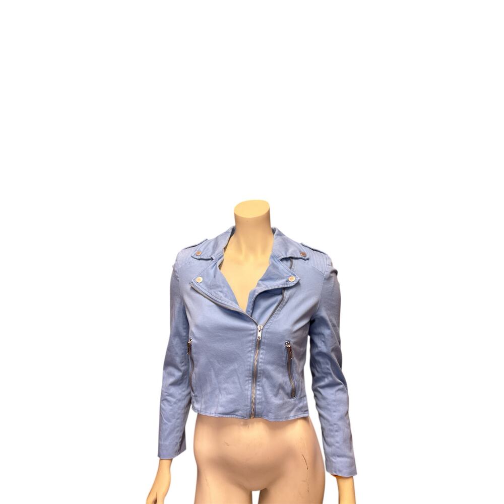 Color Me Courtney Dennis Cotton Blend Lightweight Moto Biker Jacket in Baby Blue